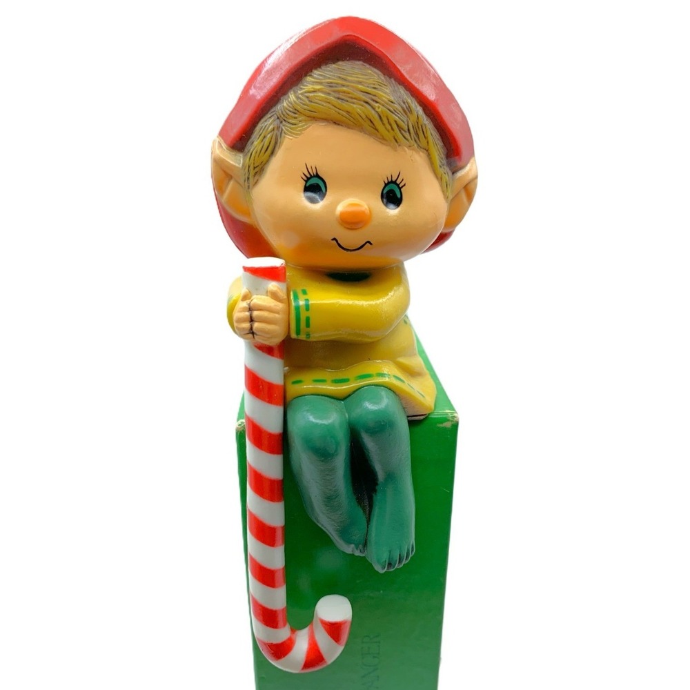 Vtg 1980 Adorable ELF Candy Cane Christmas Stocking Hanger Hallmark Ornament